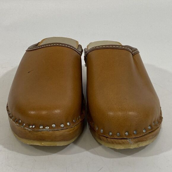 Vintage Girls Swedish Bastad-Toffeln Wood & Tan Leather Clogs Size 24 Us 8 - Picture 3 of 11